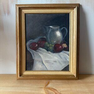 Vintage Oil Painting | Still Life Fruit Apples and Grapes with Silver Pitcher